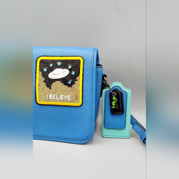 Upcycled Coach glovetanned turnlock crossbody bag w/ Space Patches. Azure Blue - Picture 4 of 14